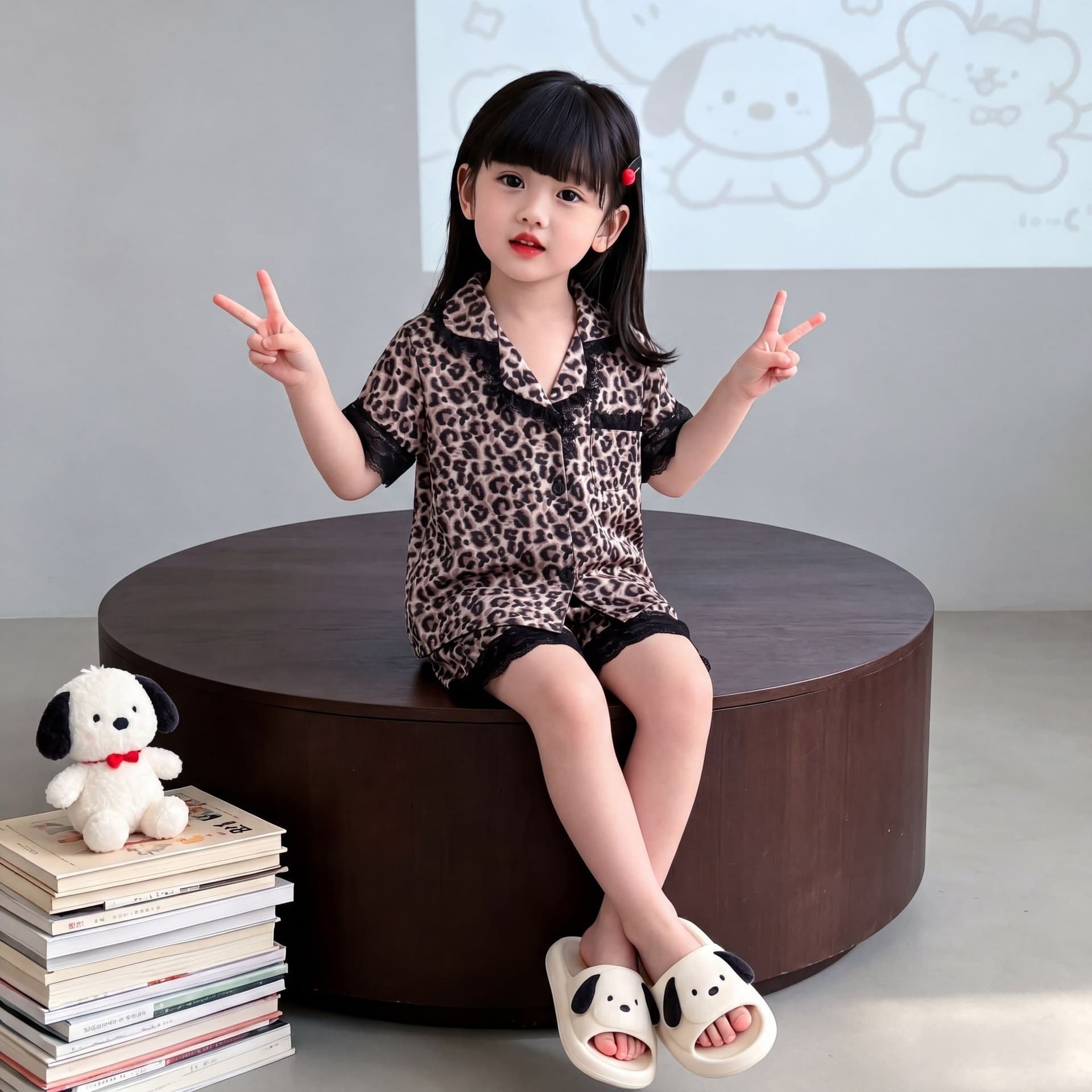 Leopard Print Lace Spring New Children's Pajamas Short Sleeve Shorts Summer Thin Girls Middle and Big Kids Loungewear Set