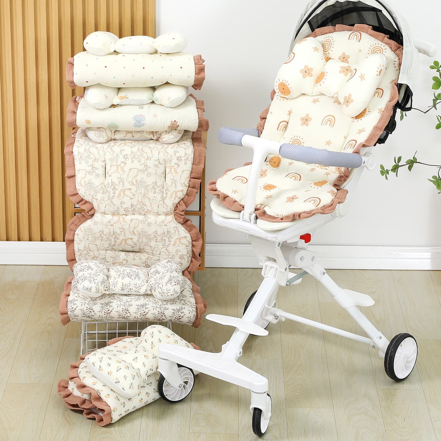 Children's Folding Stroller Pad with Pillow Soft Pleated Fabric Warm Pad Baby Soft Leaf Edge Stroller Mat Baby Carriage Essential