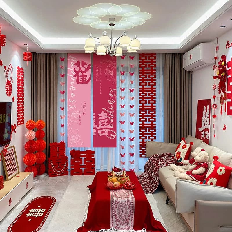Wedding Room Decoration Set with Double Happiness Character, Wedding Curtains, Long Garlands, Bedroom and Living Room Photo Props, Butterfly Decorations