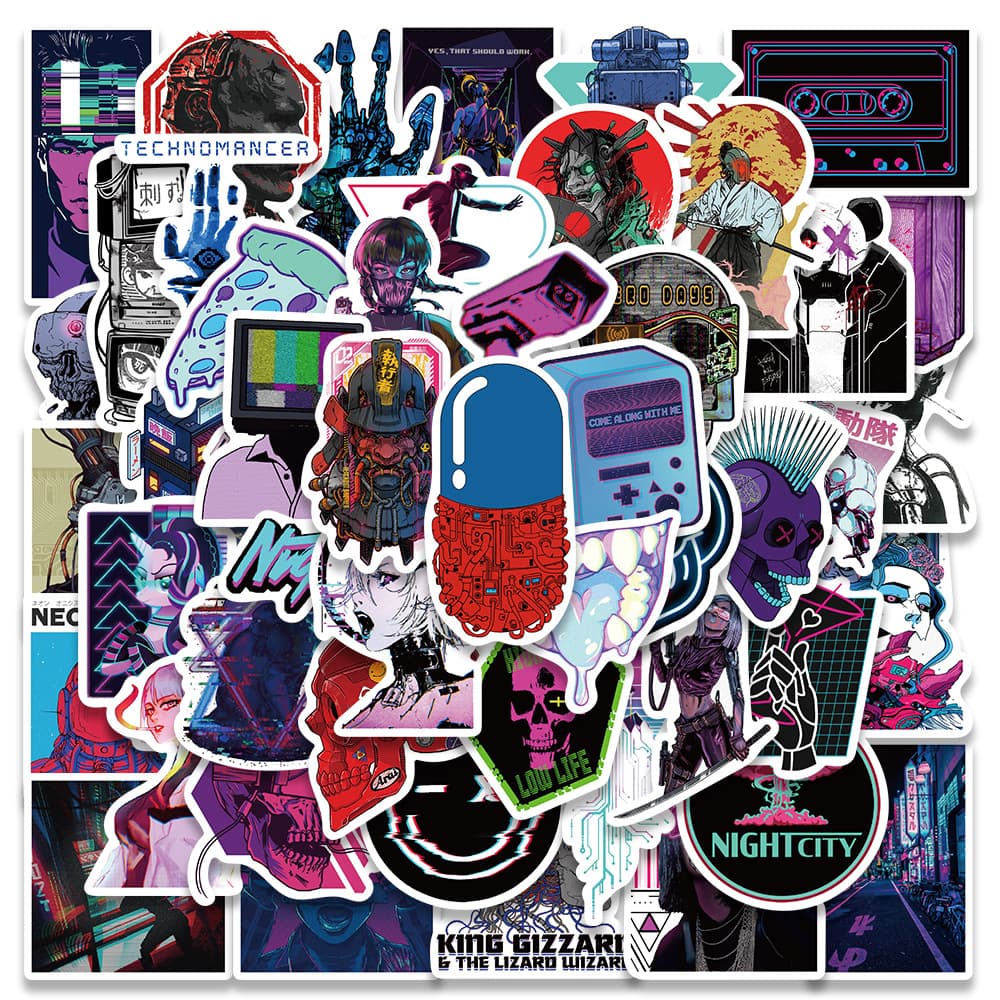 50 Cool Cyberpunk Style Stickers for Notebooks, Luggage, Guitars, Skateboards, Phones, and Computers Graffiti Decals