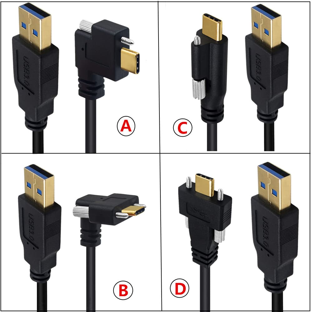 Gold-Plated USB 3.1 Type-C to USB 3.0 Male Right-Angle with Screw Industrial Camera Lock Panel Data Connection Cable