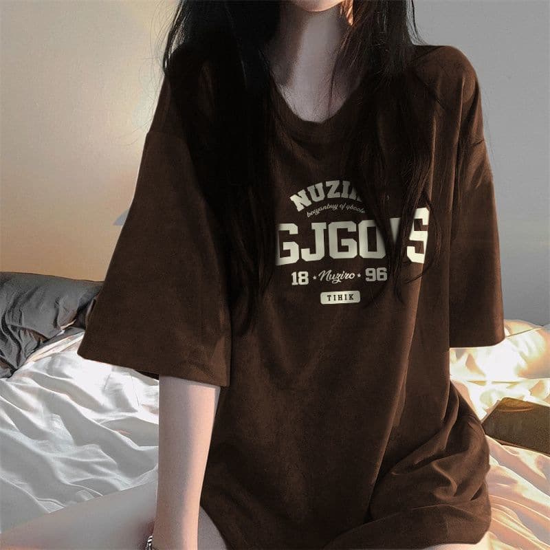 American Retro Women's Brown Printed Letter Niche Short-Sleeve T-Shirt Summer Loose BF Lazy Style Vintage Top