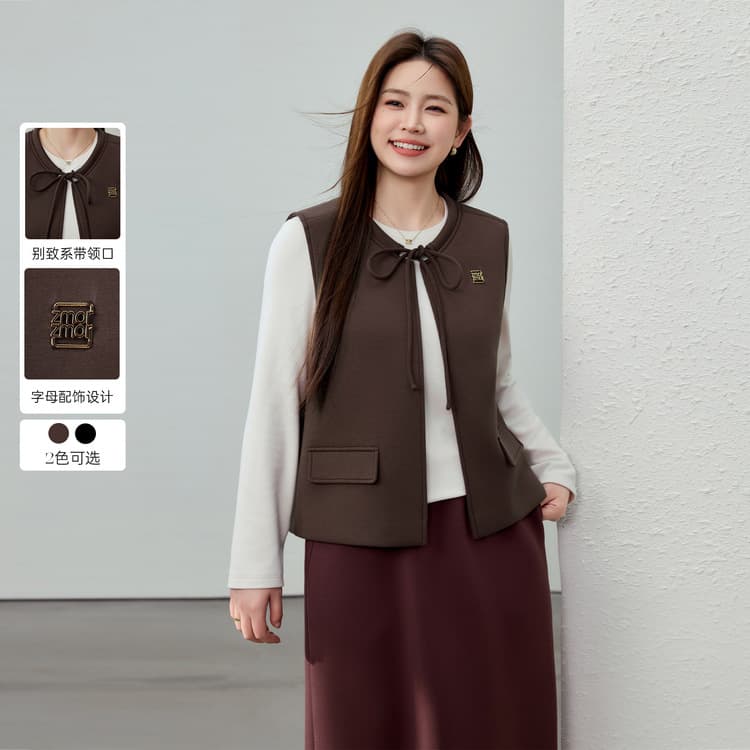 【Retro-style tie-neck versatile vest】Slim & elegant plus-size women's clothing, 2025 Spring new style.