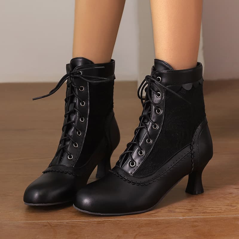 New Women's Boots Cross-Border Custom Mid-Heel Floral Lace-Up Low-Cut Martin Boots Women's Short Boots Women's Shoes Factory Wholesale