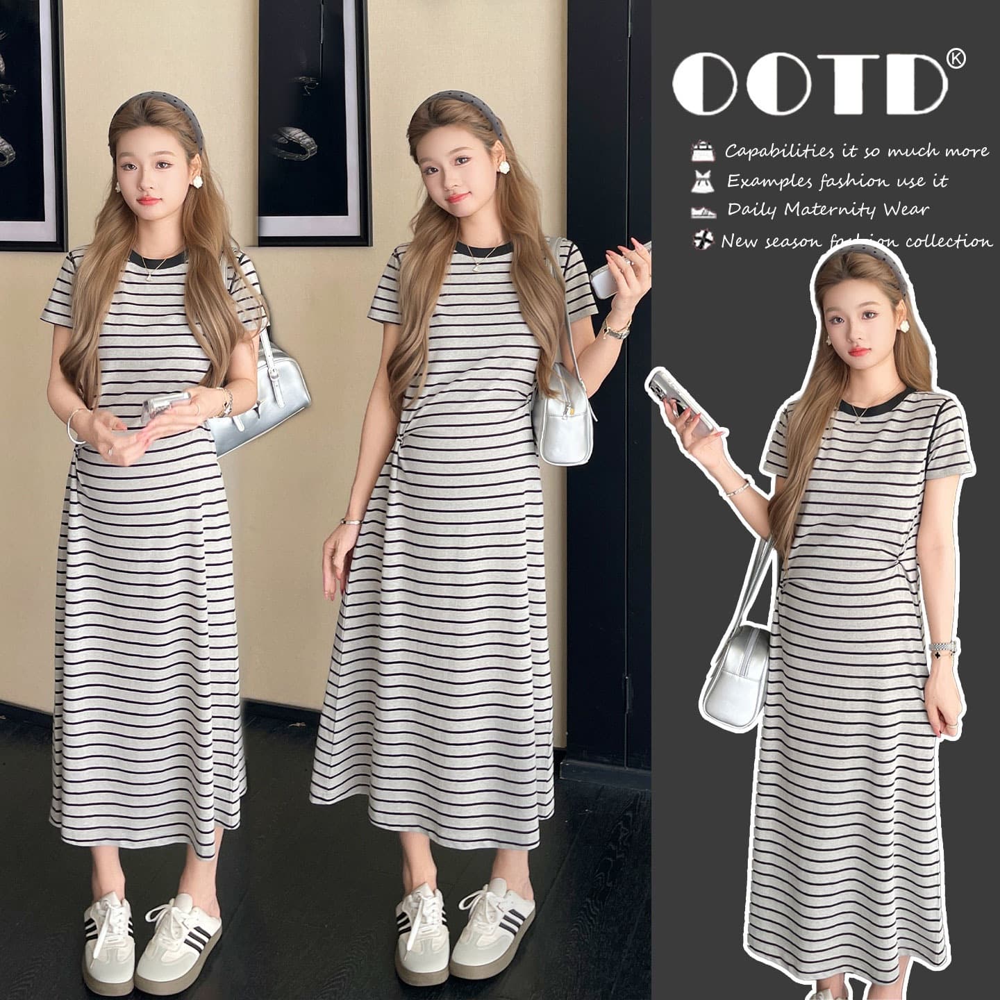 Maternity Dress 2026 Summer New Casual Style Waist-Cinching Short Sleeve Slimming Contrast Color Round Neck Striped Maternity Dress