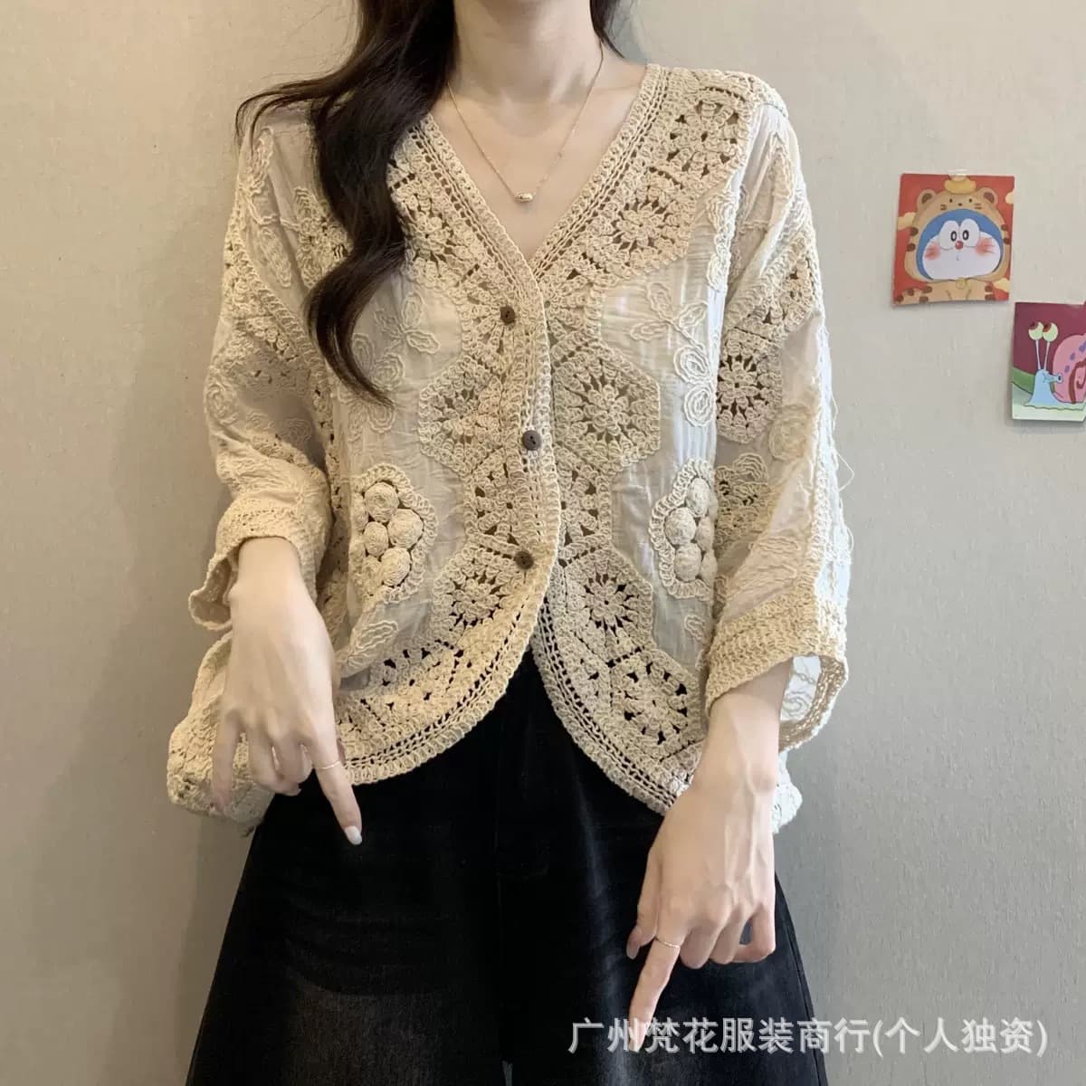 Bohemian Crochet Hollow-Out V-Neck Shirt for Women 2025 Spring Summer Plus Size Sun Protection Cardigan Top