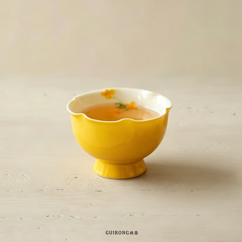New Chinese Zen Hand-Painted Yellow Flower Tall-Footed Master Cup, National Trend Wabi-Sabi Style Tea Tasting Cup, Vintage Kung Fu Tea Set Tea Bowl