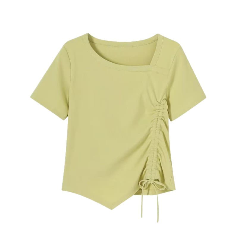2026 New Slanted Neckline Regular Shoulder Short Sleeve T-Shirt Women Summer Slim Fit Irregular Design Drawstring Unique Cropped Top