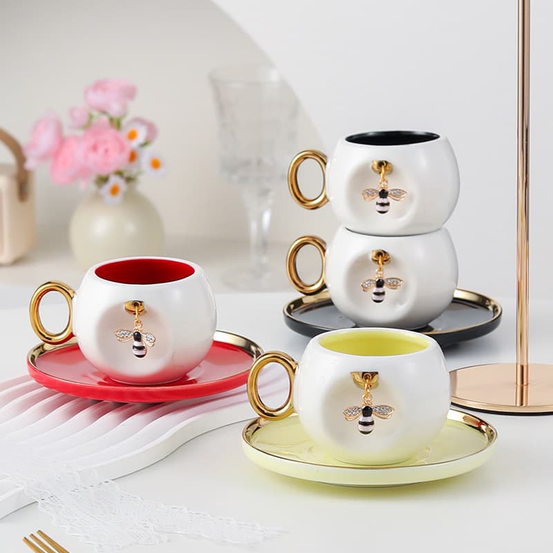 Creative Ceramic Little Bee Coffee Cup Saucer Set Home Ceramic Coffee Cup Espresso Cup Afternoon Tea Black Tea Cup Saucer