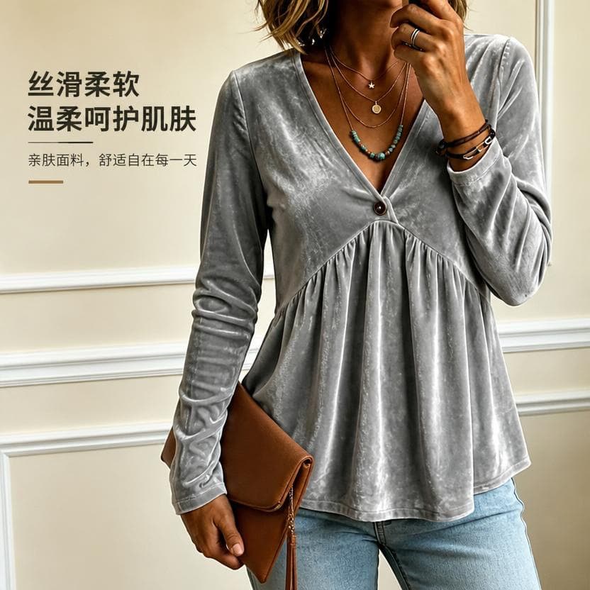 2026 Fall European and American Velvet V-Neck Long-Sleeve Top with Single Button and Pleated Loose Babydoll Style for Women's Wholesale Order