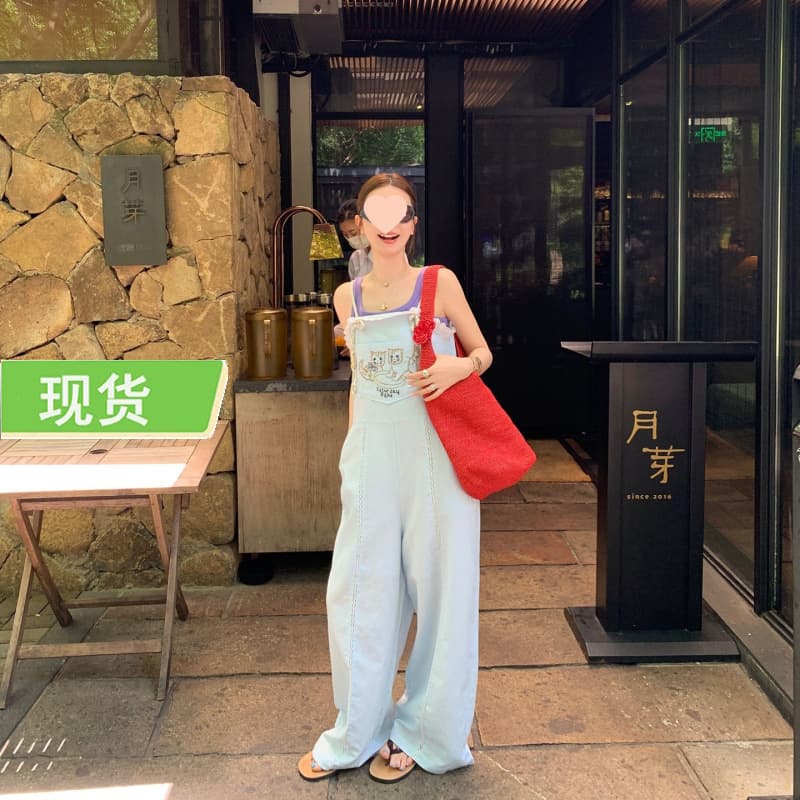 Le Rouge Zhou Meimei Playful Girl Cotton-Linen Lace Kitten Embroidery Pocket Vest Jumpsuit