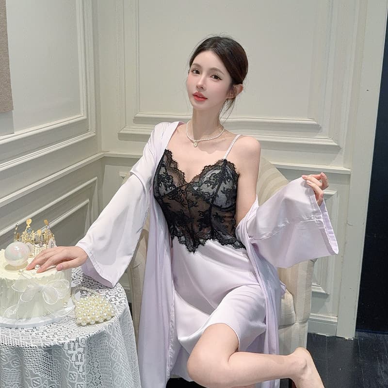 Women's New Summer Thin Sexy Hollow-out Built-in Pads Ice Silk Two-Piece Long Sleeve Nightgown Pure Desire Style Sleepwear