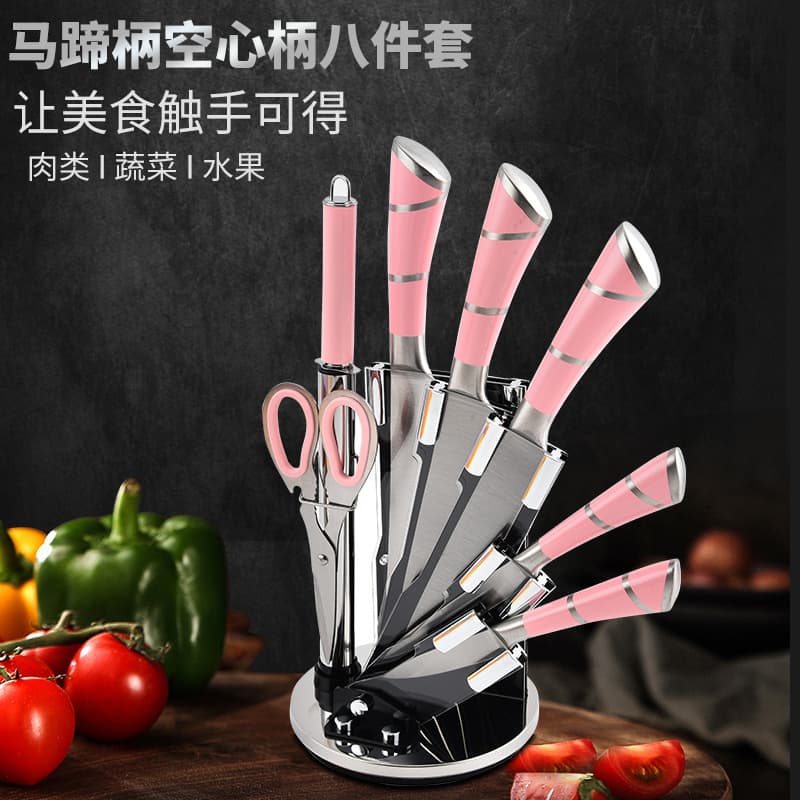 In Stock Foreign Trade Knife Set Stainless Steel Hollow Handle Kitchen Gift 8-Piece Set with Knife Block Home Kitchen Use