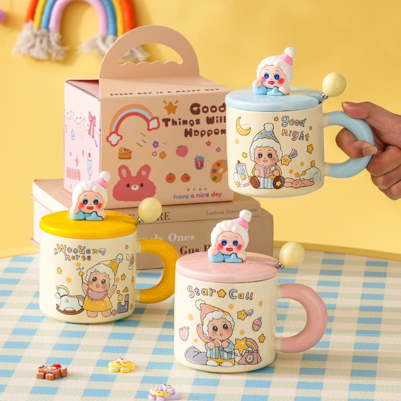 Ceramic Mug Cute Cartoon Kid Mug with Lid and Spoon Gift Coffee Cup Office Breakfast Milk Water Cup
