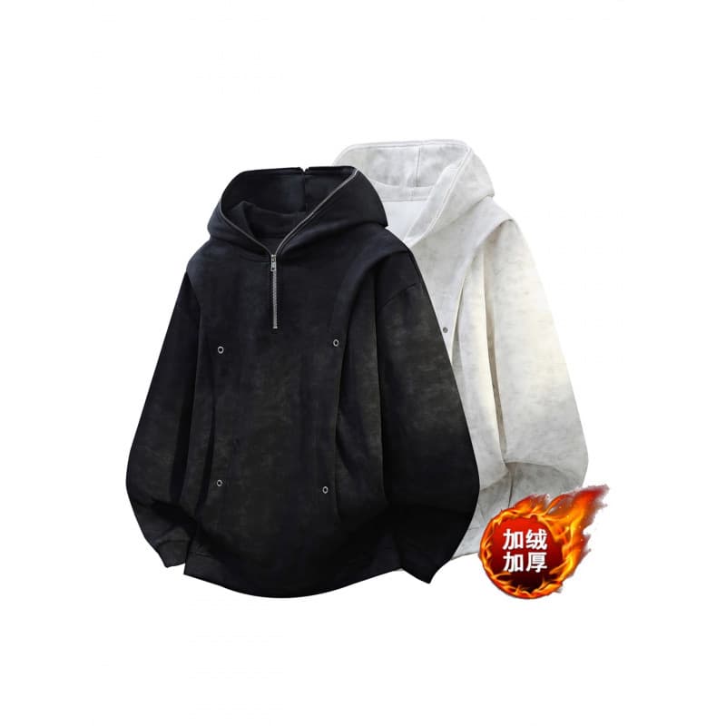Men's American Style Half-Zip Hooded Sweatshirt with Studded Splicing Pullover Casual Tie-Dye Fleece-Lined Jacket