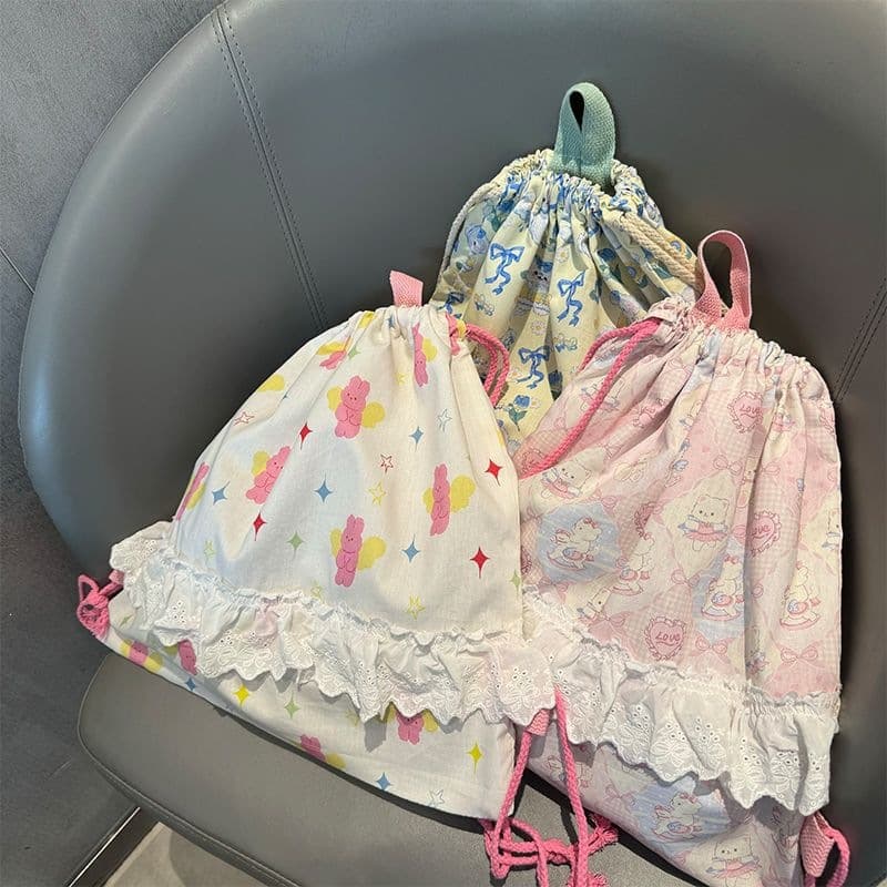 Original New Cute Ultra-Light Student Backpack for Middle and High School Girls Lace Ruffle Drawstring Backpack Women SB