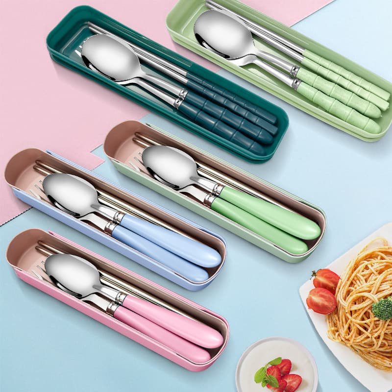 Stainless Steel Portable Cutlery Set Fork Spoon Chopsticks 3-Piece Student Travel Kitchen Storage Box Bamboo Handle Cutlery Set