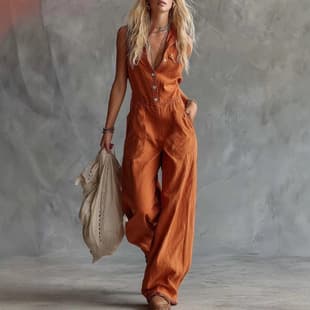 2026 New Amazon Women's Casual Western Style V-Neck Front Button Sleeveless Jumpsuit