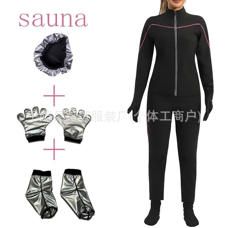 Cross-Border Bestseller Women's Fitness Wear Pink Line Patch Long Sleeve Set Sports Sweat Suit Training Sauna Suit Shapewear