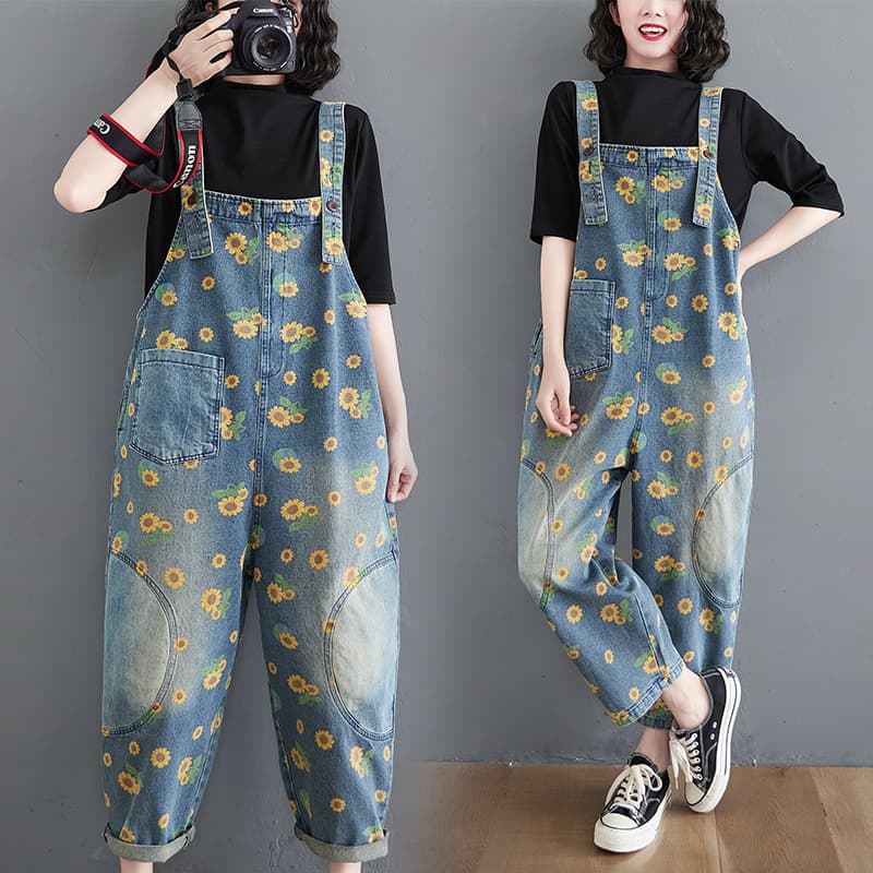 Vintage Artistic Print Denim Overalls for Women Spring Summer Korean Loose Fit Slimming Fashionable Age-Reducing Suspender Denim Pants