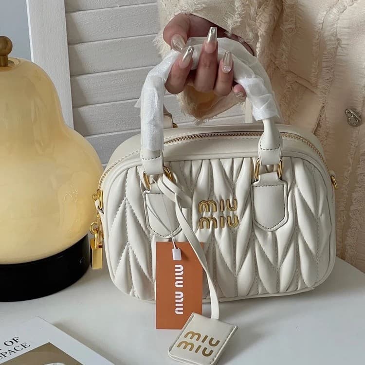 Miu Miu Pleated Lock Bowling Bag Boston Lady Handbag Shoulder Crossbody Bag for Women