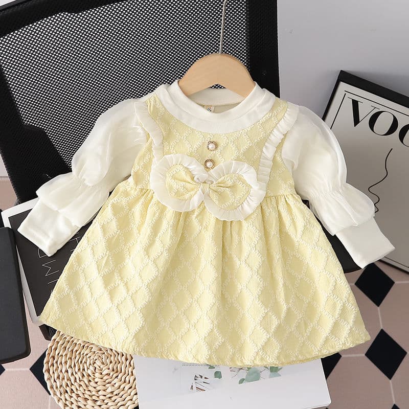 Girls Autumn Princess Dress Korean Style New Long Sleeve Faux Two-Piece Bubble Sleeve Gown Children's Dress In Stock