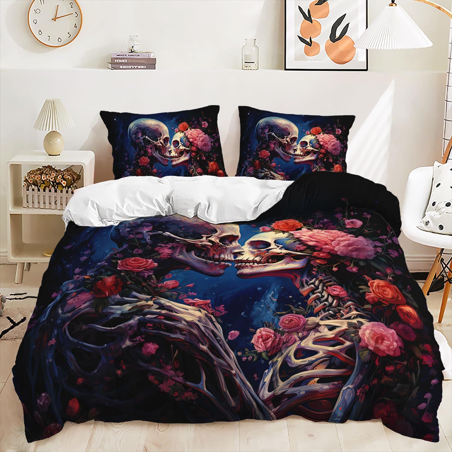 Sugar Skull Duvet Cover Set, Skull Couple Romantic Floral Skull Duvet Cover Set for Bedroom Guest Room Decor