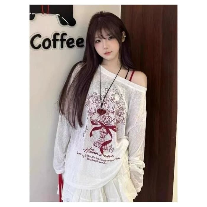 2081fs American Graffiti Print Off-Shoulder T-Shirt Women's New Thin Sun Protection Cover-Up Loose Off-Shoulder Long Sleeve Top