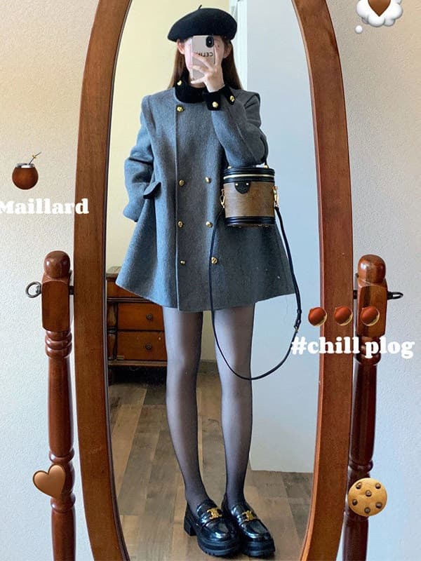 Vintage French Style Young Wool Coat for Women, Winter Chic High Collar Gray Wool Outerwear