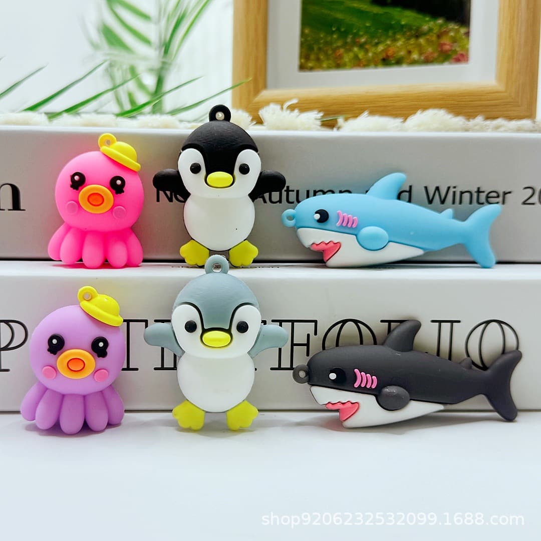 Cartoon Ocean Animal Keychain Penguin Shark Octopus Soft Rubber Figure Cute Bag Accessory Small Gift Wholesale