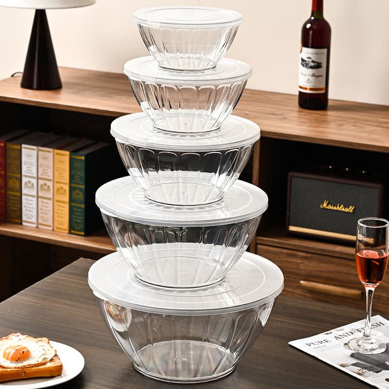 Cross-border Export Round Plastic Bowl with Lid, Desktop Fruit Salad Container, Kitchen Mixing and Storage Large Bowl