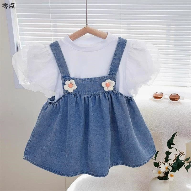 Girls summer denim suspender skirt 2025 new style short-sleeved children's dress baby short-sleeved skirt suit