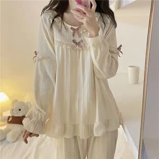 2026 New Bowknot Pajamas for Women, Long Sleeve Cute Lace Girl Homewear Set, Wear-Out Pajamas