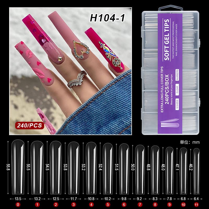 Cross-border Nail Art Extra Long Water Pipe False Nail Tips 240pcs Box Transparent Full Cover XXXL Cowboy Wholesale