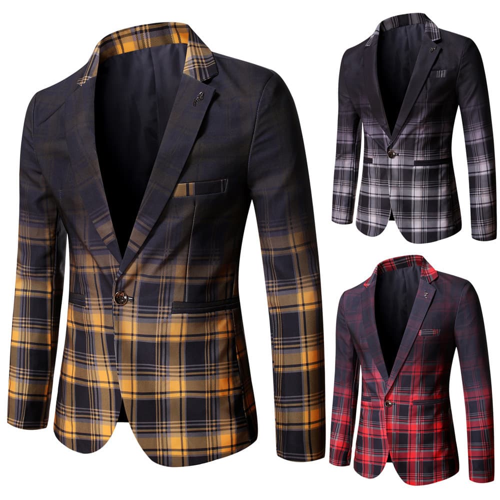 2023 New Foreign Trade Color-Block Plaid Suit Spliced Blazer Men's Casual Versatile Personalized Blazer Jacket