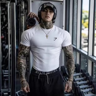 GYMSHARK Men's Summer Sports Cycling High Elasticity T-Shirt Quick-Dry Tight Training Fitness Shirt Trendy