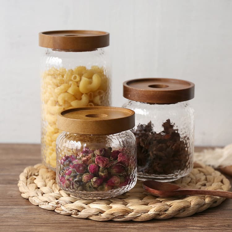 Hammered Pattern Heat-Resistant Glass Sealed Jar with Acacia Wood Lid, Storage Jar for Grains, Nuts, Pasta, Coffee, and Tea