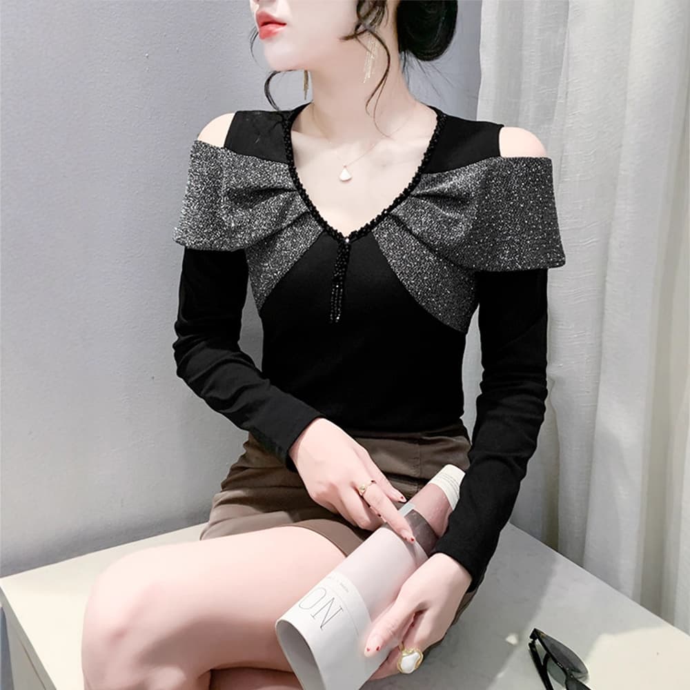 Elegant Rhinestone T-Shirt for Women Long Sleeve Autumn Winter New Style Sexy V-Neck Off-Shoulder Top Slim Fit Flattering Base Tee