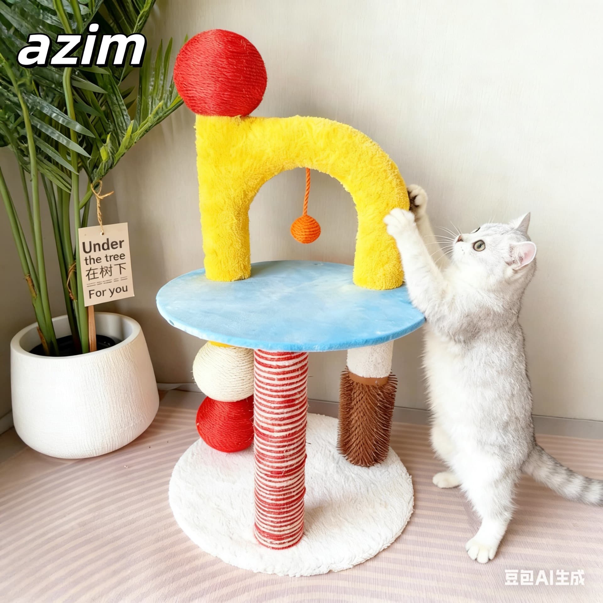 Trendy Dopamine Color Cat Tree with Scratching Board, Small Cat Tower for Home, Cat Toy