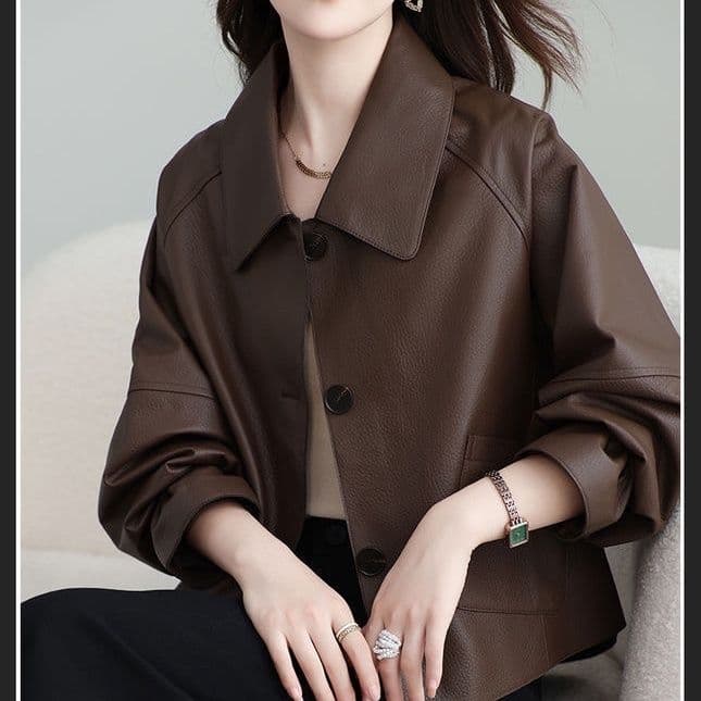 Haining Genuine Sheepskin Leather Jacket for Women, Short Black Blazer, Loose Fit Plus Size, Vegetable-Tanned, European and American Cross-Border Style
