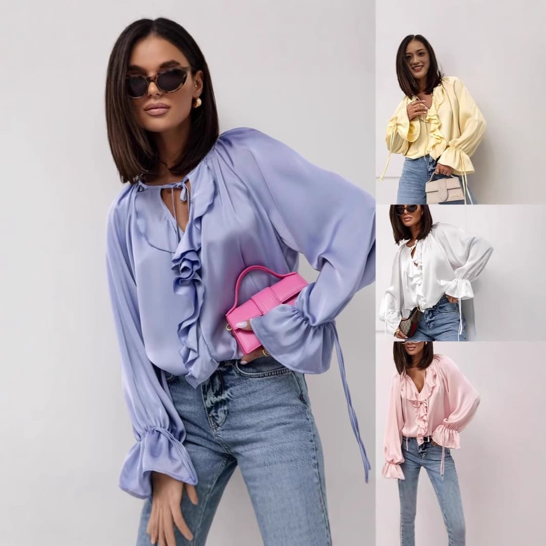 Loose Bell Sleeve Women's Shirt Necktie Spring Summer Fashion Street Style Chiffon Long Sleeve Polo Collar Gored Hem Elegant