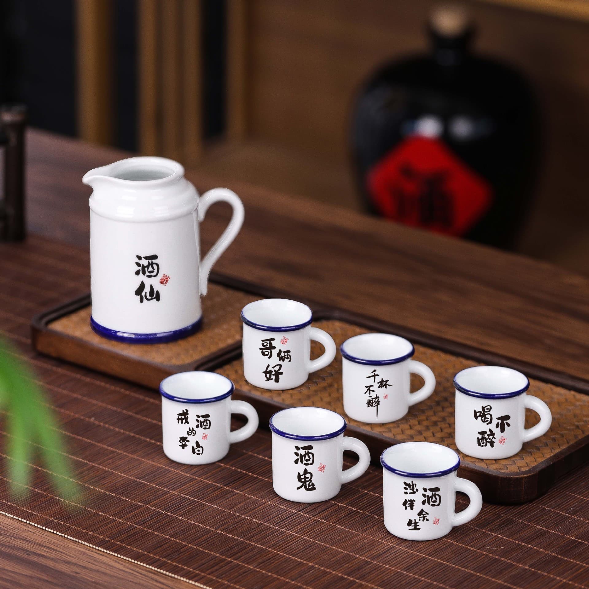 Ceramic Chinese Liquor Cups Set, Home Shot Glass Combo with Antique-style Small Cups and Decanter