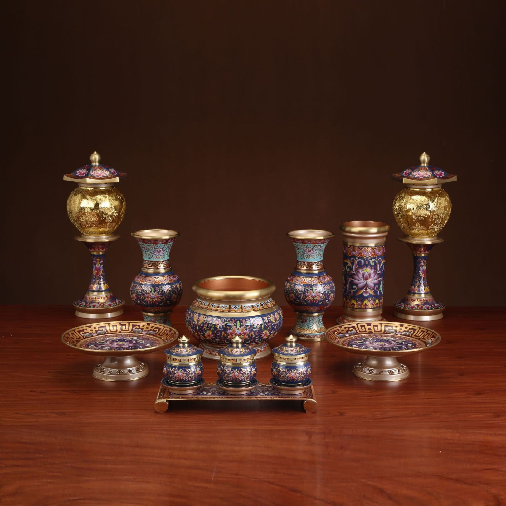 Yuantong Buddhist Antique Cloisonne Enamel Craft Set Wholesale Buddhist Supplies Incense Burner Fruit Plate Water Cup