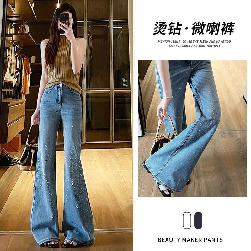 Wholesale Starry Rhinestone Flared Jeans for Women, High-Waist Slimming Loose Wide-Leg Pants for Spring and Summer