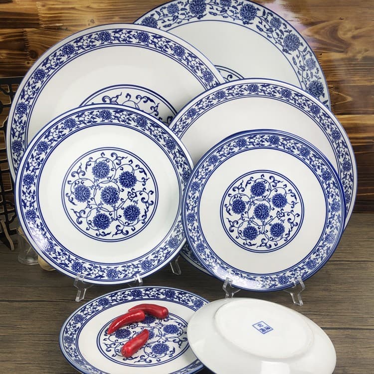 Ceramic hotel hot dish and cold dish plate blue and white porcelain Chinese household round shallow oversized plate hotel commercial tableware