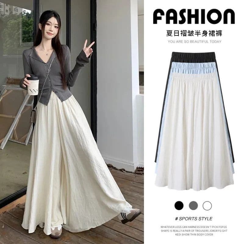 White Culotte Skirt Casual Summer New 2026 Midi Skirt Petite Skirt Long Dropped Waist Double Layer Wide Leg Pants