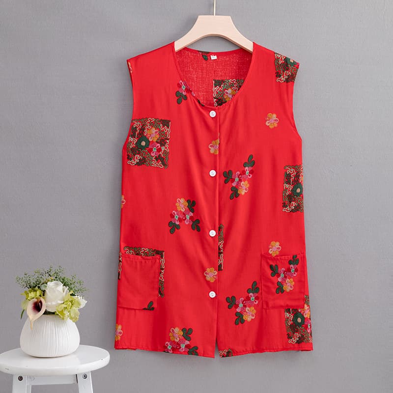 Summer Thin Cotton Vest for Middle-aged and Elderly Women, Button-front Cardigan Style, Sleeveless Open-front Vest