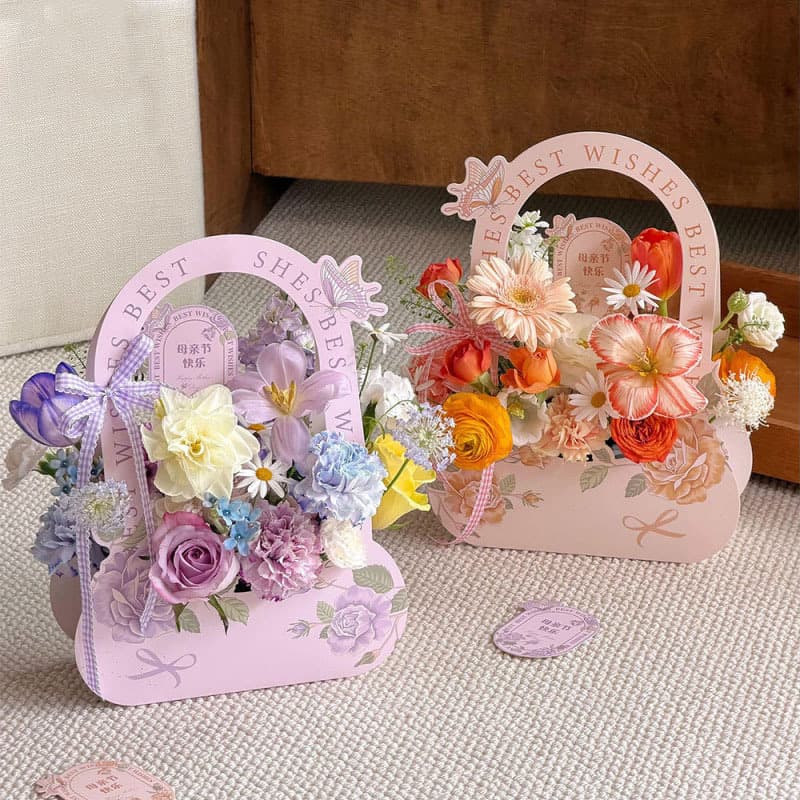New Mother's Day Butterfly Meets Flowers Handheld Flower Box Paper Minimalist Hollow-Cut Hand-Carried Flower Basket Foldable Flower Arrangement Floral Art