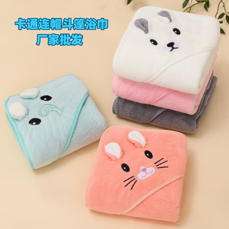 Flannel Children's Bath Towel, Newborn Quick-Dry Swaddle, Baby Hooded Cape, Thick Cartoon Kids Bathrobe