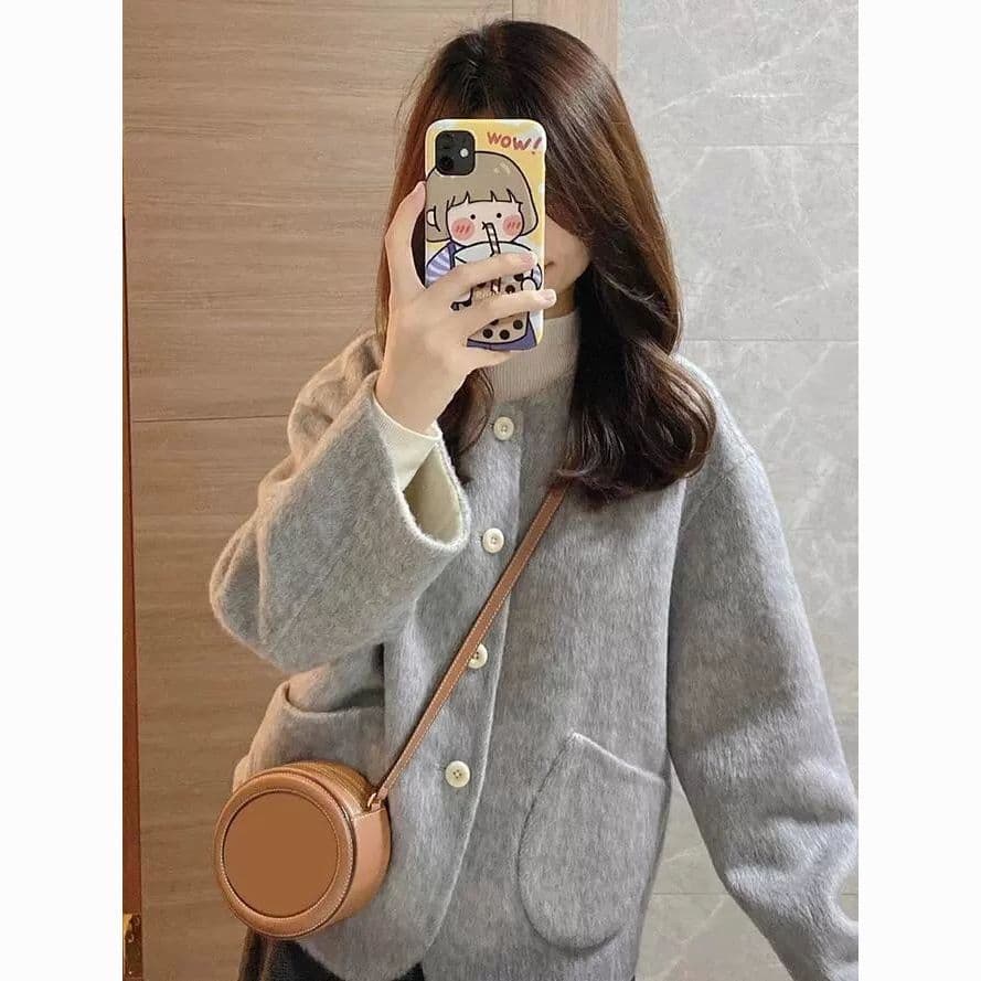 Gray double-sided thickened woolen coat for women in autumn and winter new Korean style small fragrance super nice woolen coat